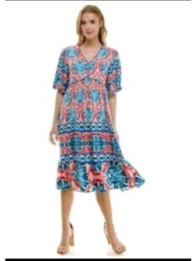 Anthropologie Fig & Flower Midi Dress  Floral Tie Belt Medium Blue Red White NWT